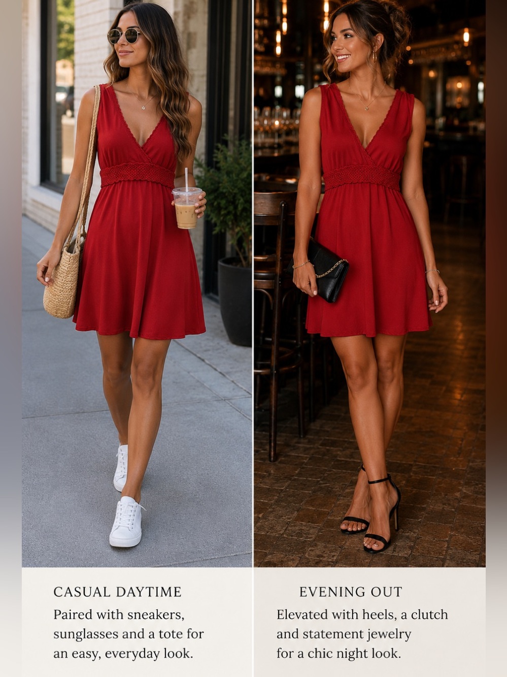 DKNY red sleeveless V-neck fit and flare dress Sz L